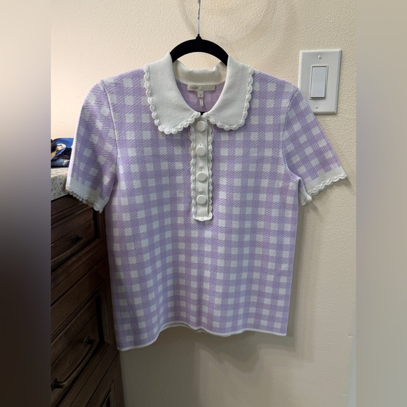 Maje Tops - Maje woman’s Lavender Gingham Collared Knit Top with Scalloped Trim